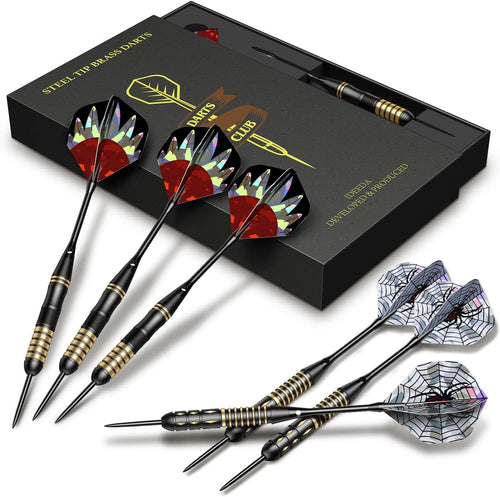 Darts Metal Tip Set - 6 Brass Darts 22G/24G + 12 Aluminum Shafts + 12 Flights + 1 Sharpener