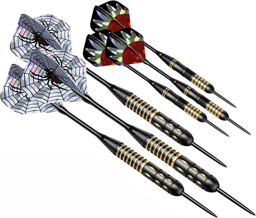 Darts Metal Tip Set - 6 Brass Darts 22G/24G + 12 Aluminum Shafts + 12 Flights + 1 Sharpener